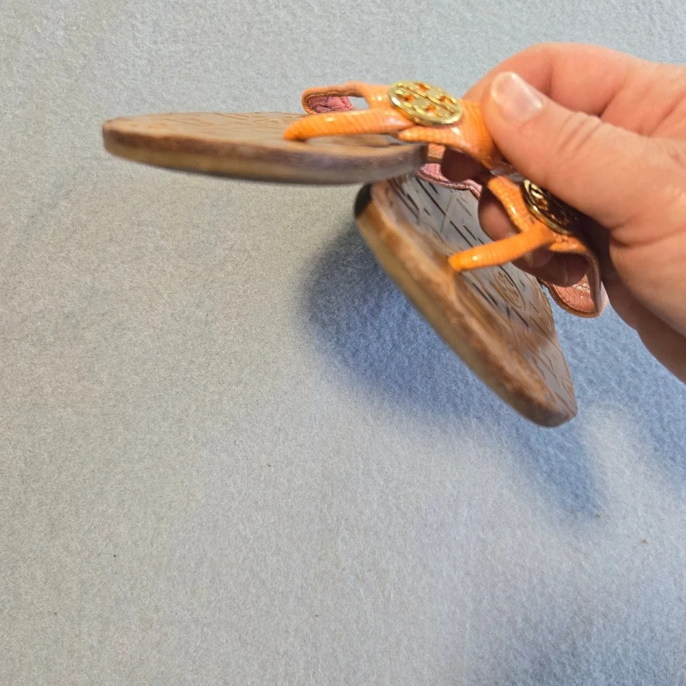 Tory Burch Miller Sandals Women 6M Orange Lizard Embossed Leather Logo Flat Flip